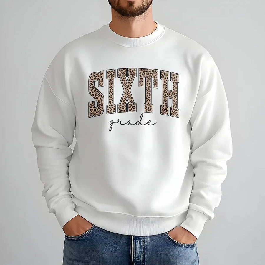 6th Grade Teacher Sweatshirt | Leopard Print Educational Graphic | Cotton-Poly Blend Crewneck | Premium Back to School Gift for Educators