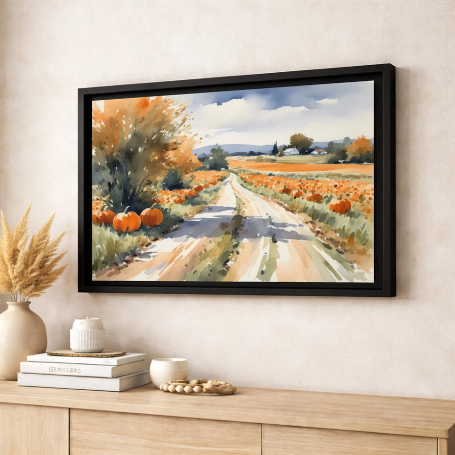Autumn Pumpkin Patch Canvas Wall Art | Rustic Country Road Watercolor Painting | Gallery-Wrapped Premium Decor | Fall Farmhouse Seasonal Gift