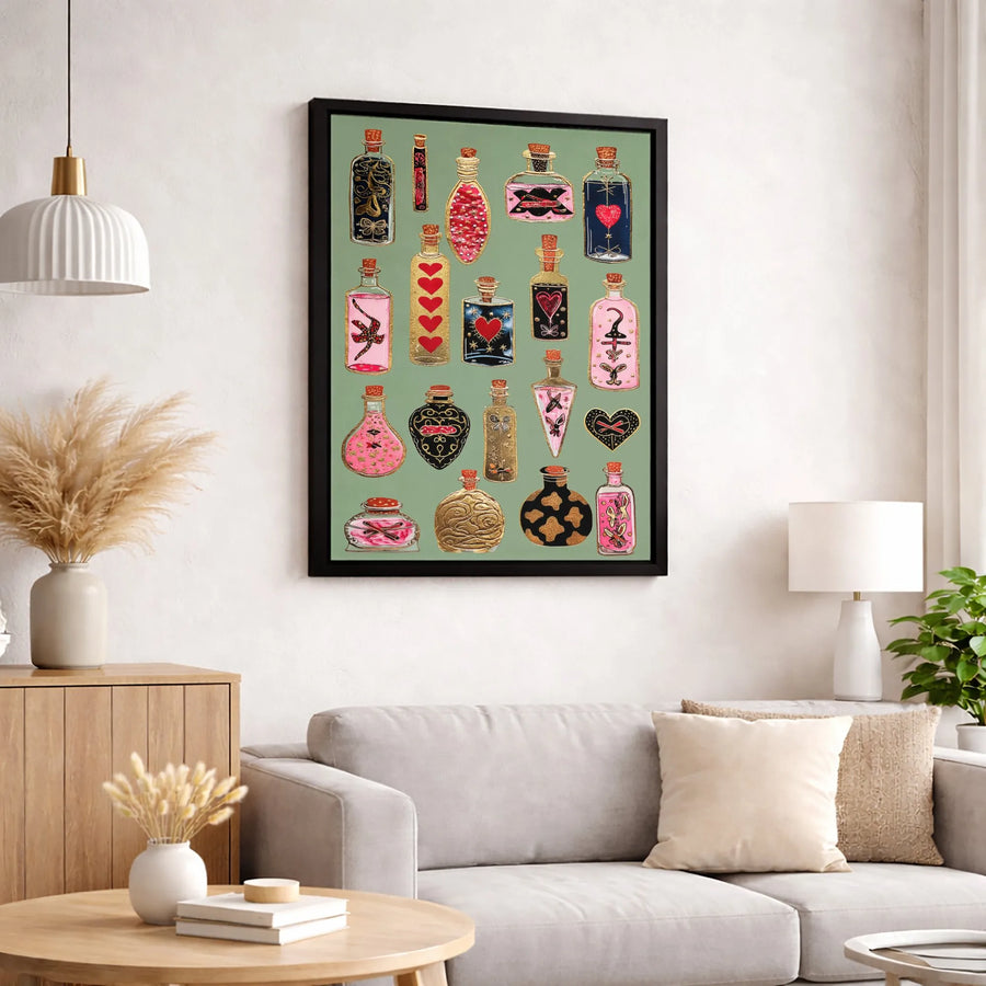 Magic Potion Bottles Wall Art | Whimsical Love Hearts Print | Premium 1.25-Inch Gallery Canvas | Aesthetic Witchy Decor for Bedroom