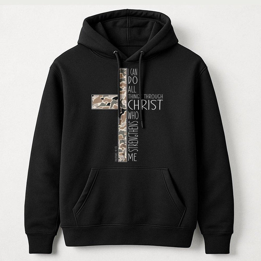 I Can Do All Things Through Christ Hoodie | Camo Cross Graphic | Premium Cotton Blend | Inspirational Christian Gift for Men and Women