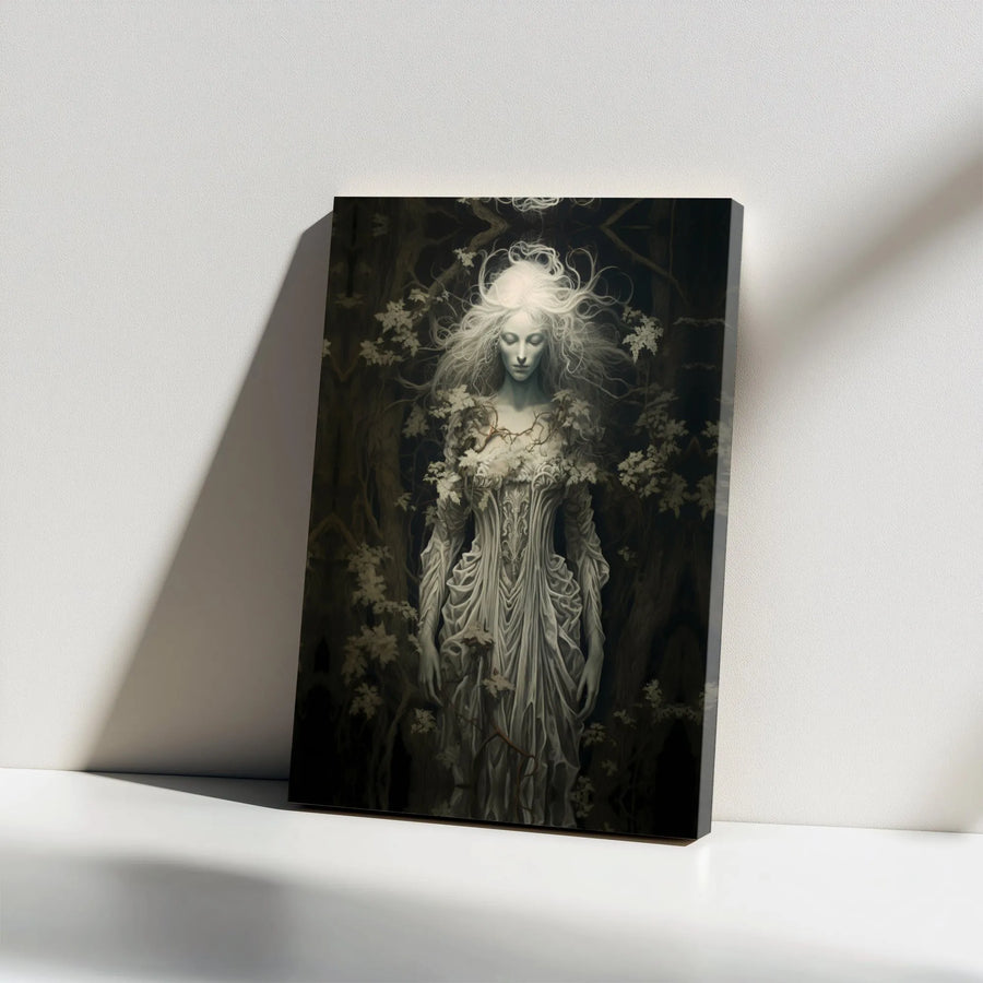 Gothic Forest Spirit Wall Art | Ethereal Woman in Dark Woods | Premium Gallery Wrapped Canvas | Moody Dark Academia Home Decor Gift