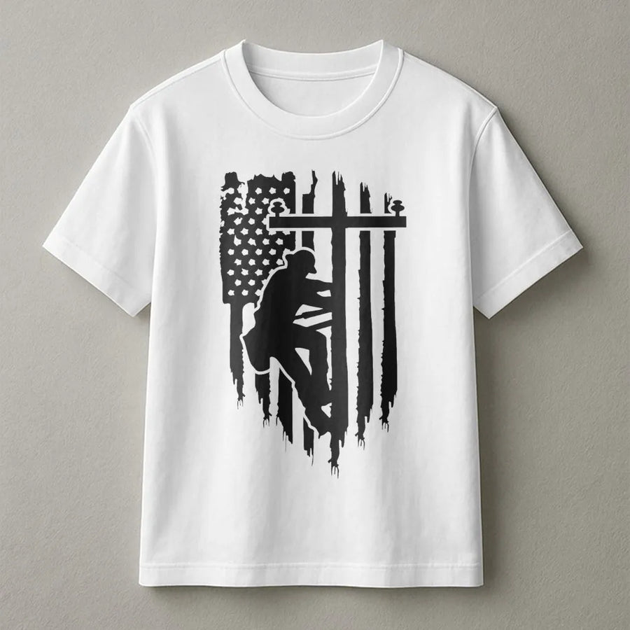Lineman American Flag T-Shirt | Distressed Patriotic Utility Worker Graphic | Premium 100% Cotton | Gift for Electrician Power Line Technician