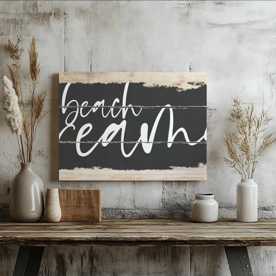 Beach Wall Art Canvas | Rustic Black and Wood Script Print | Premium Gallery Wrap Decor | Coastal Home Decor for Living Room