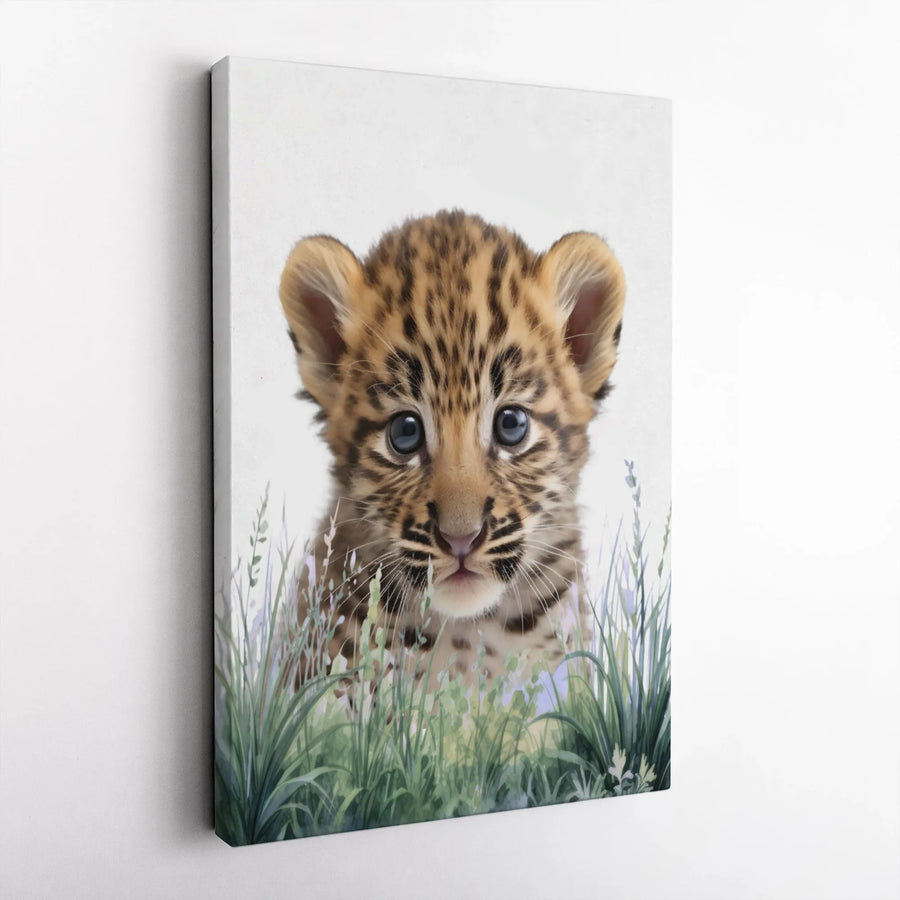 Cute Leopard Cub Canvas Wall Art | Watercolor Animal Portrait | Premium Thick Gallery Wrap | Nursery Decor & Kids Room Art Gift