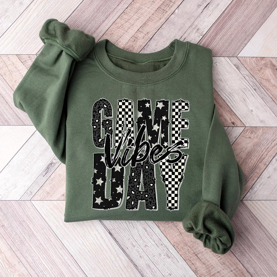 Game Day Vibes Sweatshirt | Checkerboard Animal Print Graphic | Cotton Blend Premium Apparel | Trendy Football Season Gift For Sports Moms