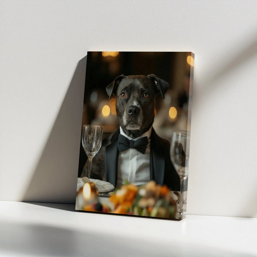 Dog in Tuxedo Canvas Print | Dapper Pitbull Portrait Art | Thick Gallery Wrap Canvas | Premium Gift for Dog Lover & Bar Decor