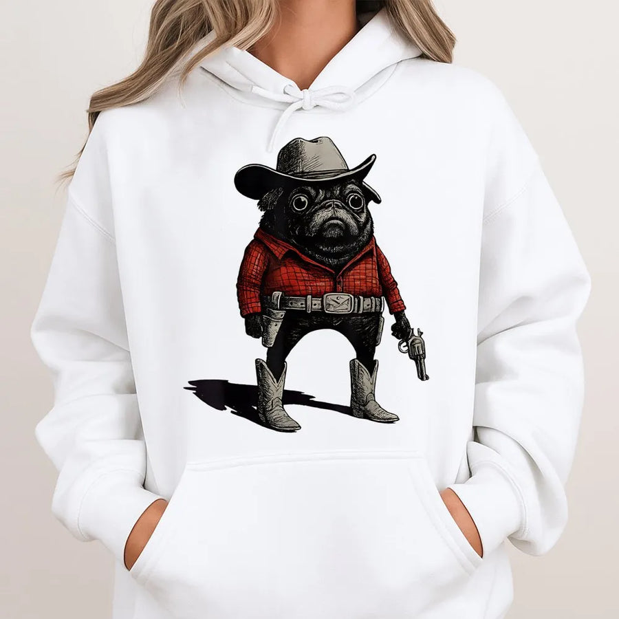 Cowboy Pug Hoodie | Funny Western Dog Graphic Sweatshirt | Premium Cotton-Poly Blend | Cute Animal Meme Gift for Dog Lovers
