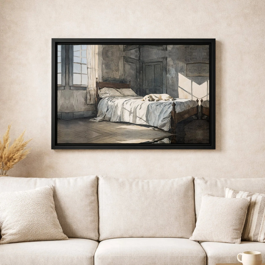 Sleeping Dog On Bed Canvas Print | Sunlit Bedroom Watercolor Wall Art | Gallery Quality Premium Canvas | Cozy Pet Home Decor Gift
