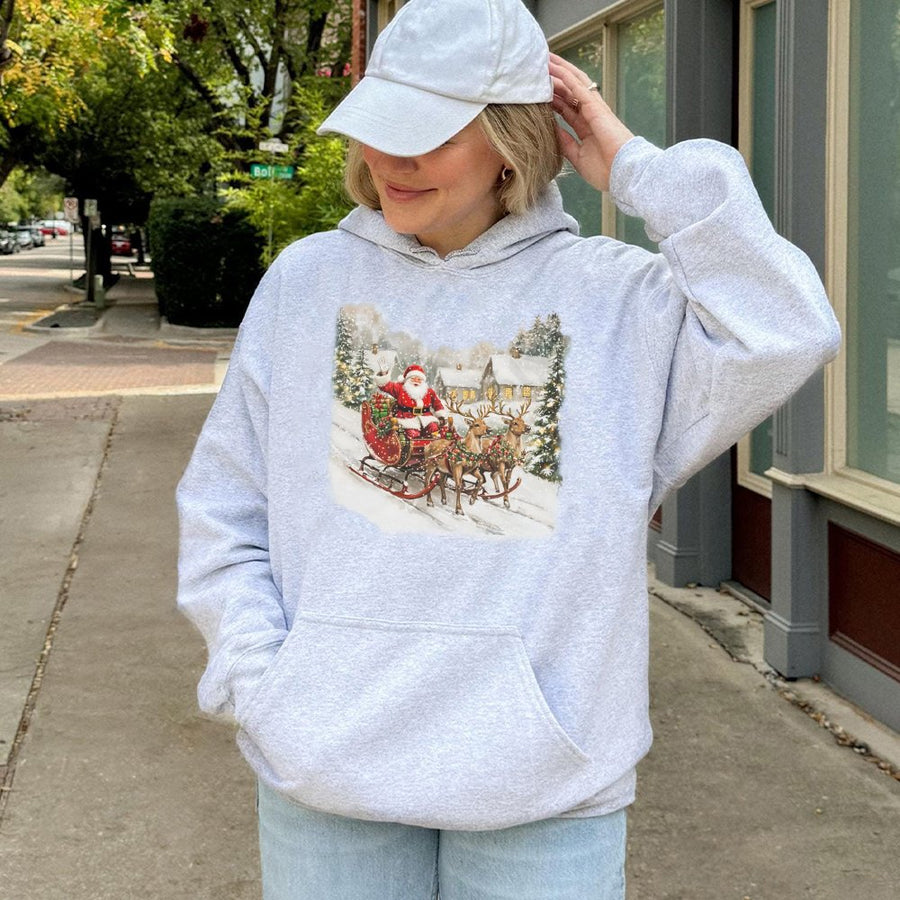 Vintage Santa Sleigh Hoodie | Nostalgic Christmas Winter Scene Print | Premium Cotton-Poly Blend | Unisex Holiday Gift for Men and Women