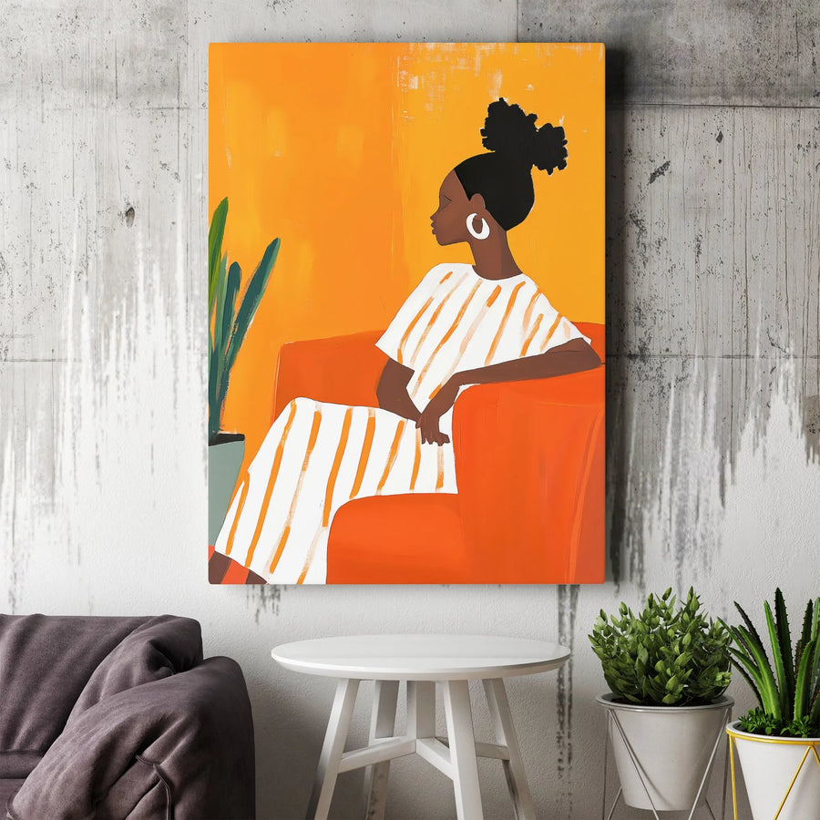 Black Woman Art Print | Modern Abstract Orange Dress Portrait | Gallery-Wrapped Canvas Wall Decor | Premium Home Office Aesthetic Gift