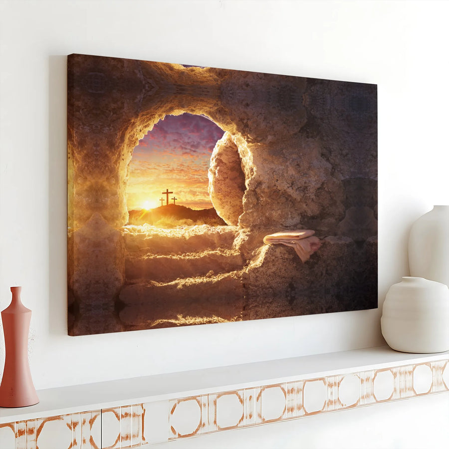 Empty Tomb Canvas Wall Art | Jesus Christ Resurrection Scene | Premium Fade-Resistant Print | Christian Home Decor Gift