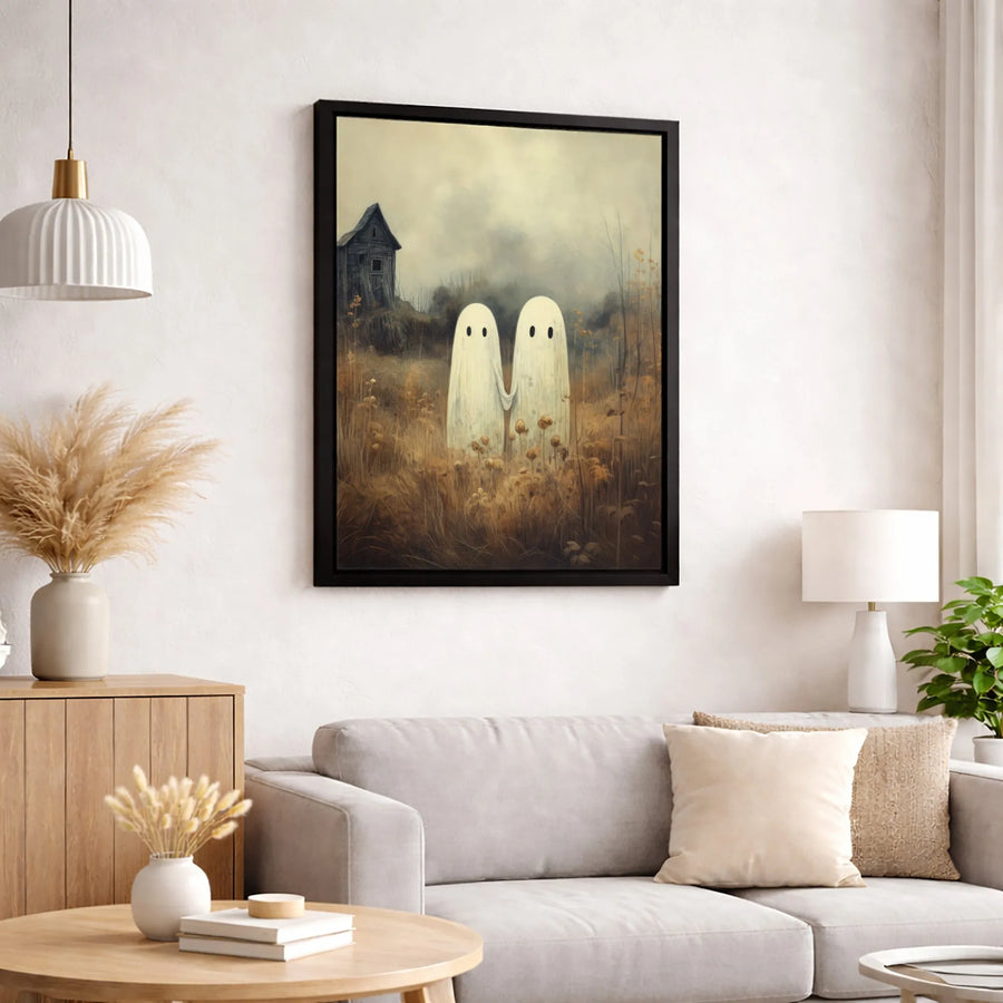 Ghost Holding Hands Wall Art | Spooky Haunted House Landscape | Premium Gallery Canvas | Whimsical Halloween Home Decor Gift