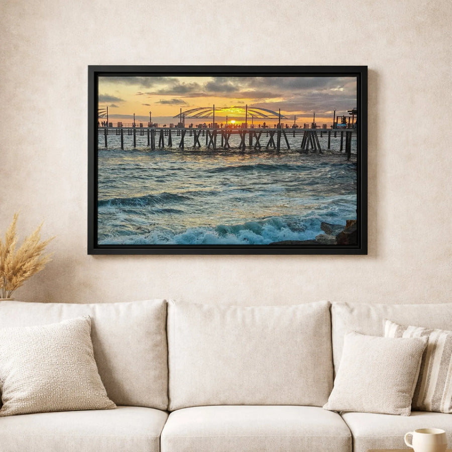 Ocean Pier Canvas Wall Art | Golden Sunset Coastal Landscape | Premium Fade-Resistant Gallery Print | Relaxing Home Decor for Living Room