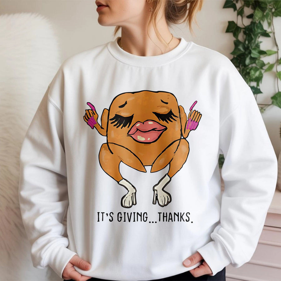 It's Giving Thanks Turkey Sweatshirt | Funny Thanksgiving Meme Graphic | Premium Cotton Blend | Unisex Holiday Gift for Her