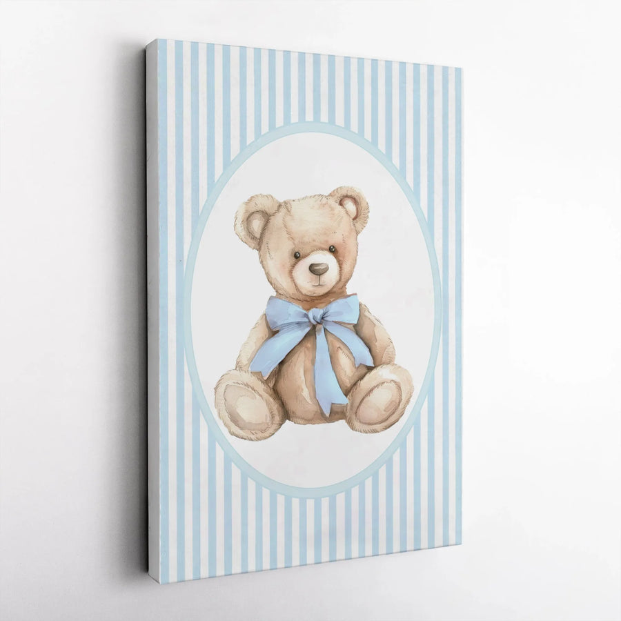 Watercolor Teddy Bear Canvas Art | Cute Blue Bow Nursery Decor | Premium Gallery Wrap Wall Print | Baby Boy Shower Gift