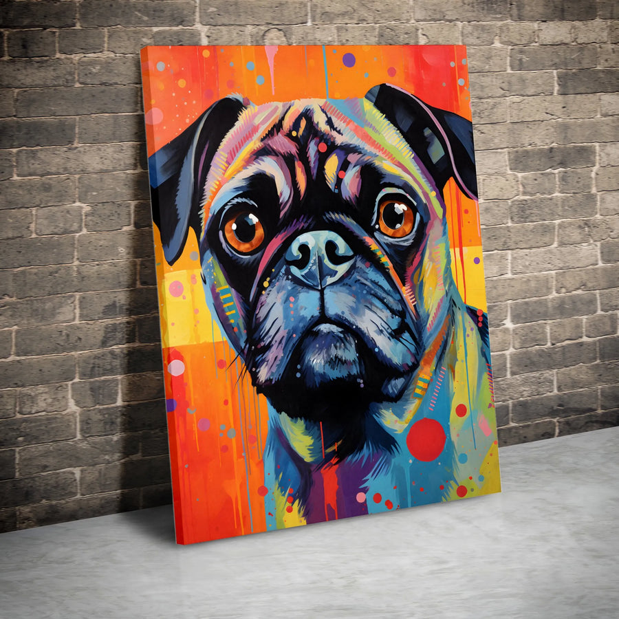 Colorful Pug Vertical Canvas | Pop Art Dog Portrait | Premium Gallery Wrapped Print | Gift for Pug Lovers & Modern Home Decor