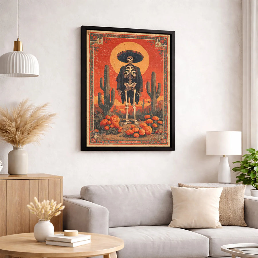 Dia De Los Muertos Wall Art | Vintage Skeleton Sombrero Canvas Print | Premium Gallery Wrapped Decor | Mexican Folk Art Gift For Home
