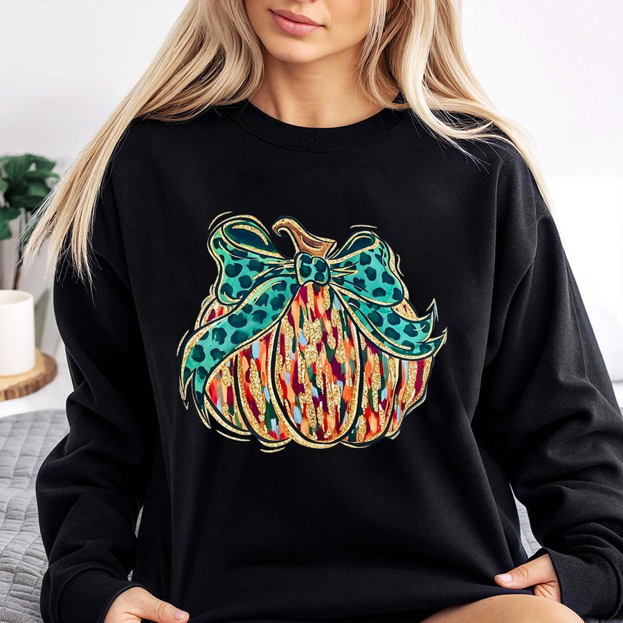 Fall Pumpkin Sweatshirt | Abstract Brushstroke Leopard Print Bow Design | Premium Cotton Blend | Cozy Women's Halloween Gift