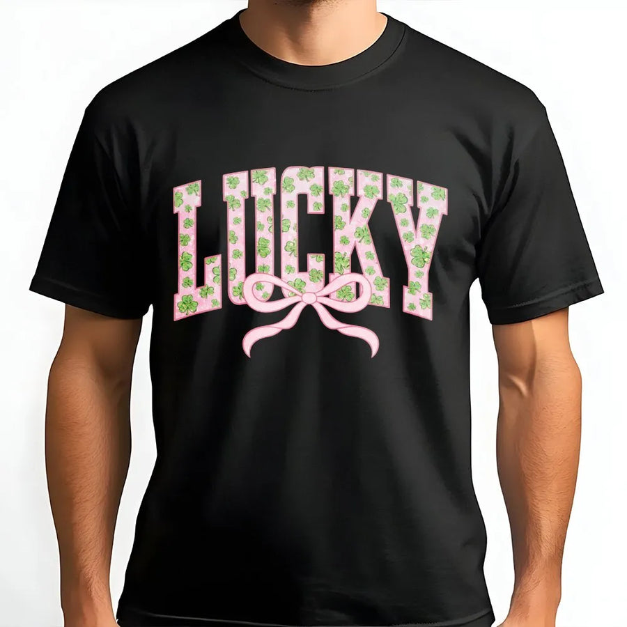 Lucky St. Patrick's Day T-Shirt | Pink Varsity Letter Shamrock Graphic With Bow | 100% Cotton Premium Tee | Cute Irish Clover Gift For Her