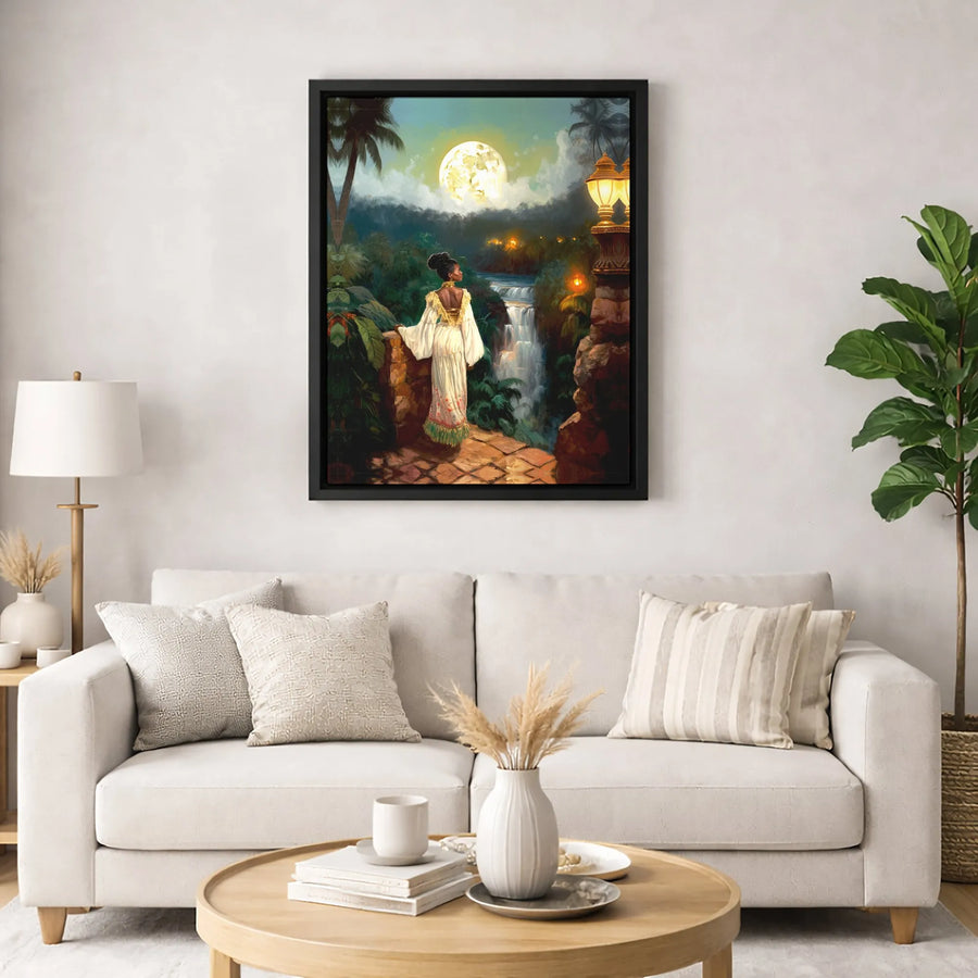 Black Woman Art Print | Moonlit Tropical Waterfall Scene | Gallery-Quality 1.25" Thick Canvas | Elegant Wall Decor for Living Room Gift