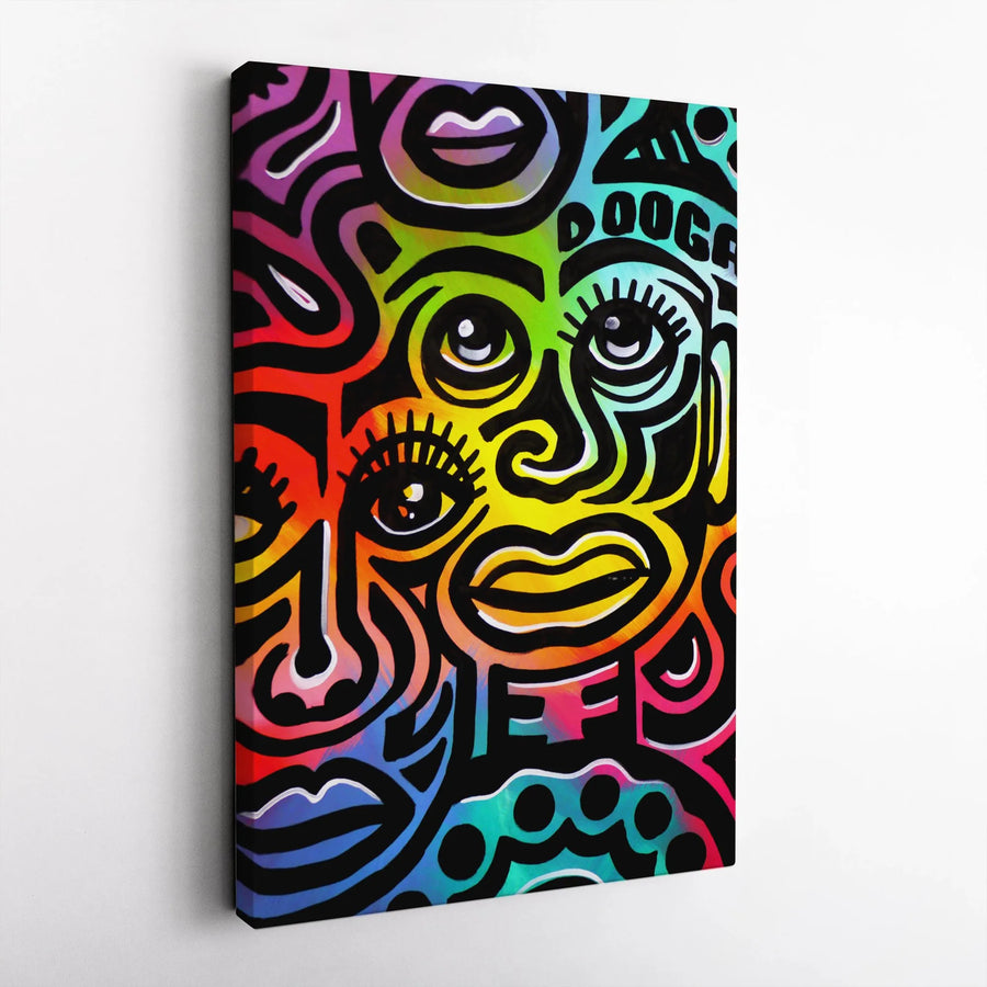 Psychedelic Face Art Vertical Canvas | Vibrant Rainbow Street Art Print | Premium Thick Gallery Wrap | Modern Urban Living Room Decor Gift