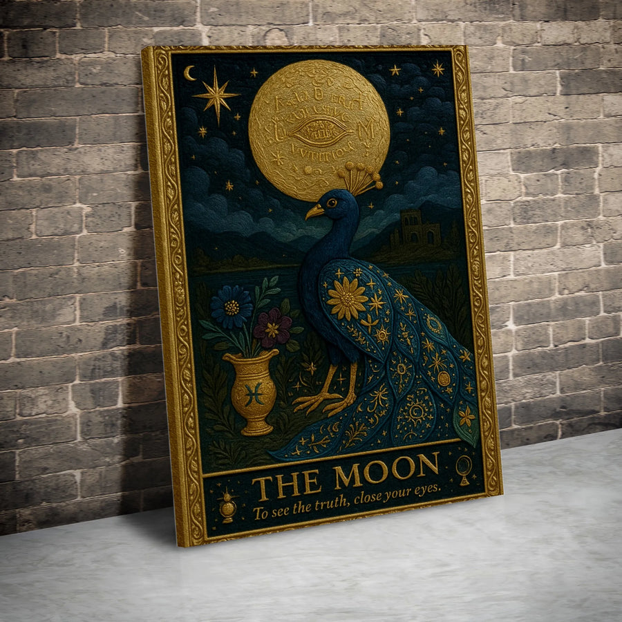The Moon Tarot Card Canvas | Vintage Peacock & Pisces Zodiac Art | Premium Thick Gallery Canvas | Mystical Boho Home Decor Gift