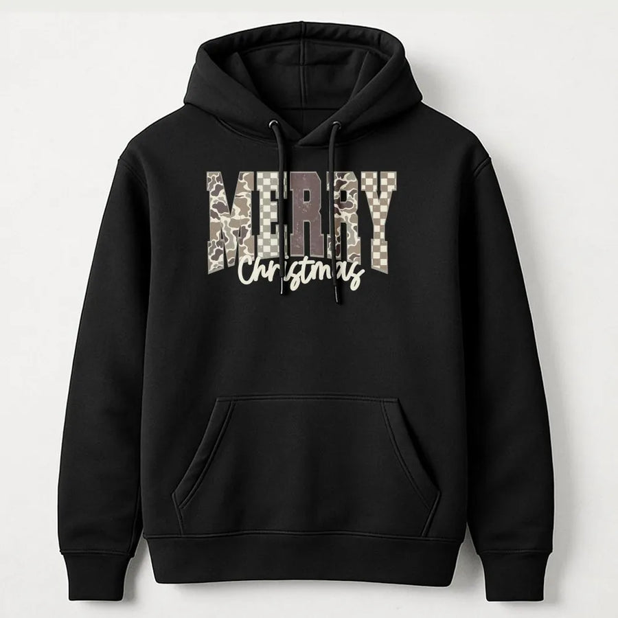 Merry Christmas Camo Hoodie | Trendy Camouflage Checkered Print | Premium Cotton-Blend Fleece | Cozy Holiday Gift for Her or Him