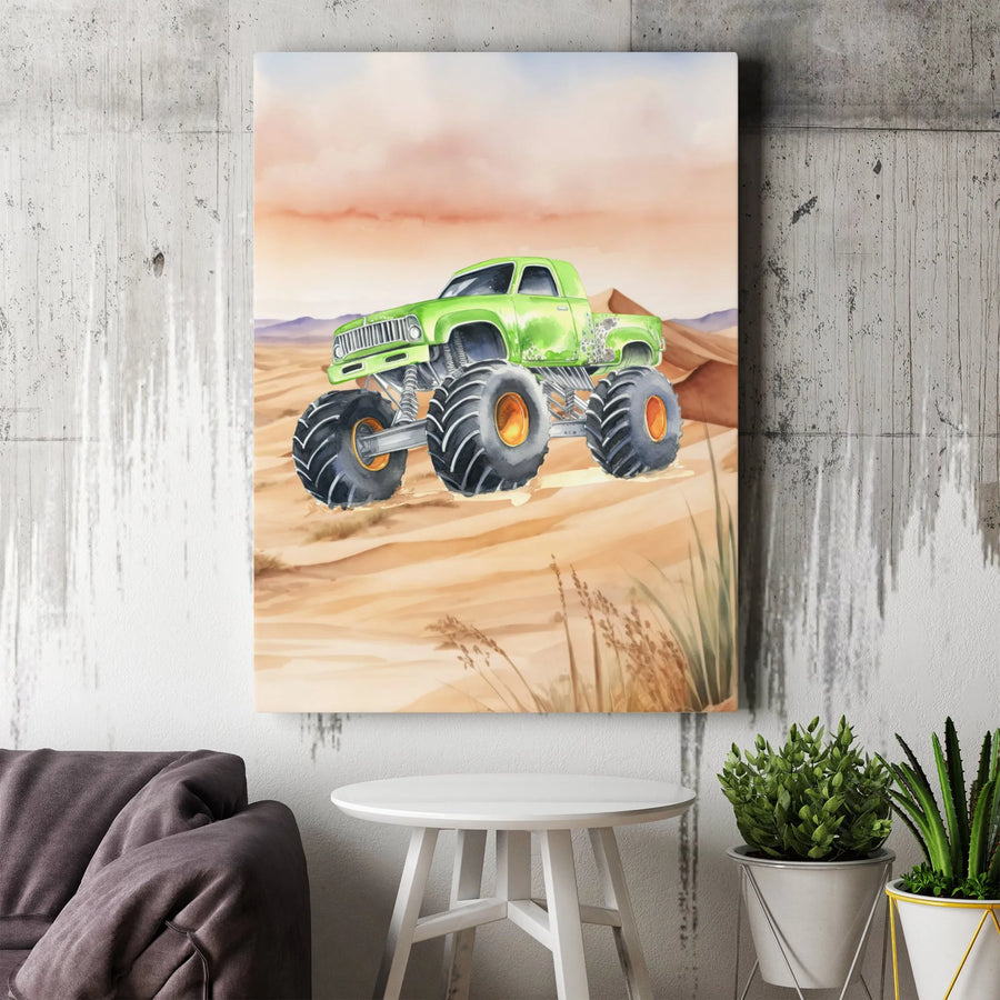 Monster Truck Canvas Wall Art | Watercolor Desert Adventure Print | Premium Gallery Wrap Decor | Gift For Boys Room Or Vehicle Enthusiast