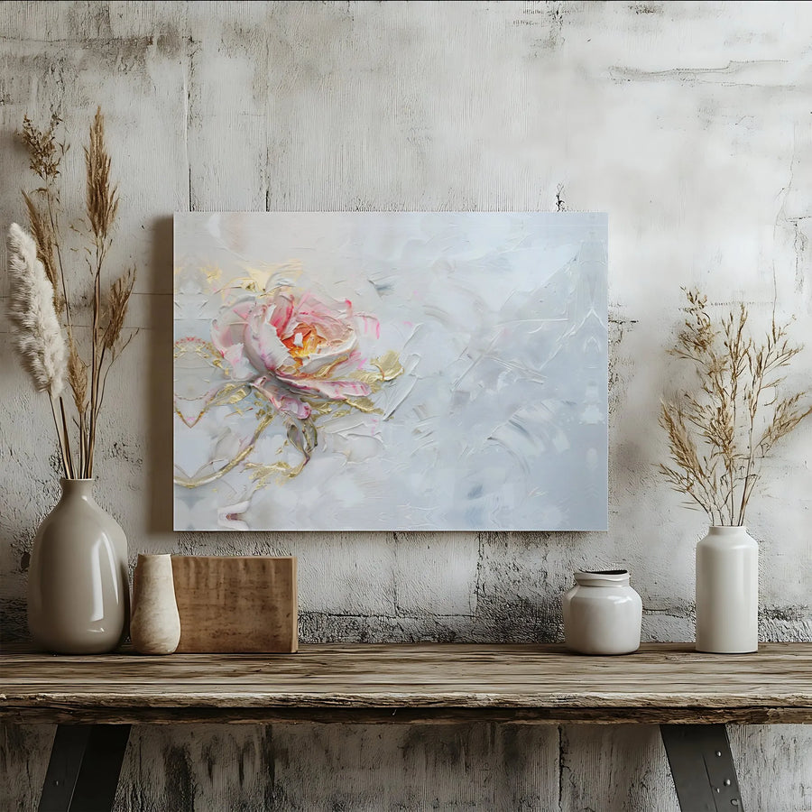 Abstract Pink Flower Wall Art | Impasto Gold Leaf Texture | Premium Gallery Wrap Canvas | Elegant Modern Home Decor Gift