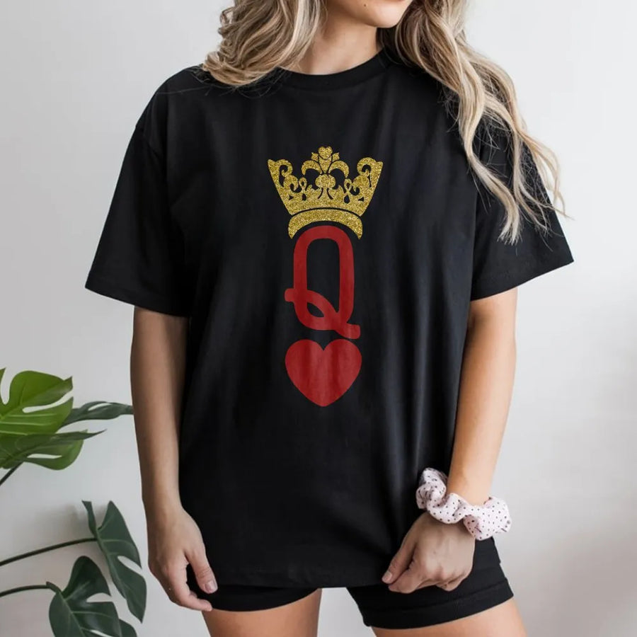 Queen of Hearts T-Shirt | Playing Card Graphic with Gold Glitter Print | Soft Cotton Blend | Valentine's Day Gift for Her