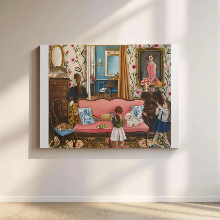 Whimsical Family Portrait Canvas Print | Eclectic Domestic Scene Painting | Premium 1.25" Gallery Wrap Wall Art | Maximalist Home Decor Gift