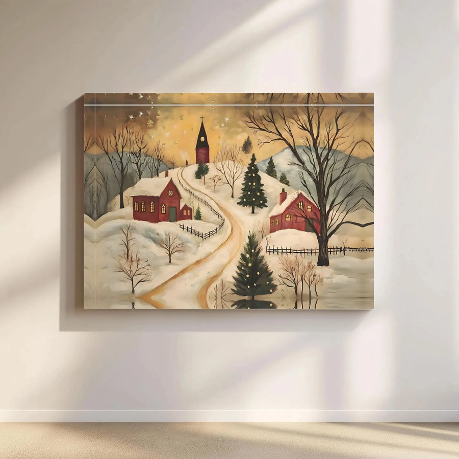 Winter Christmas Village Canvas Wall Art | Folk Art Snowy Church Scene | Premium Gallery Wrapped Decor | Festive Holiday Gift for Home