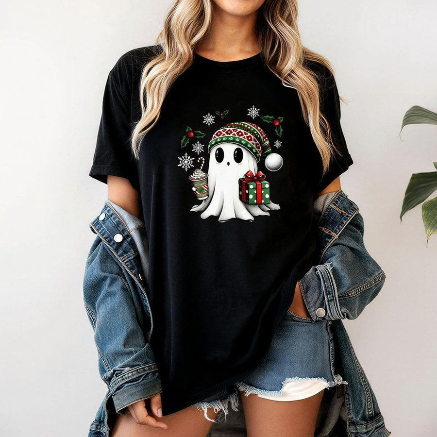 Christmas Ghost T-Shirt | Cute Holiday Spooky Spirit with Gift | 100% Cotton Premium Graphic Tee | Unisex Funny Xmas Gift for Ghost Lovers
