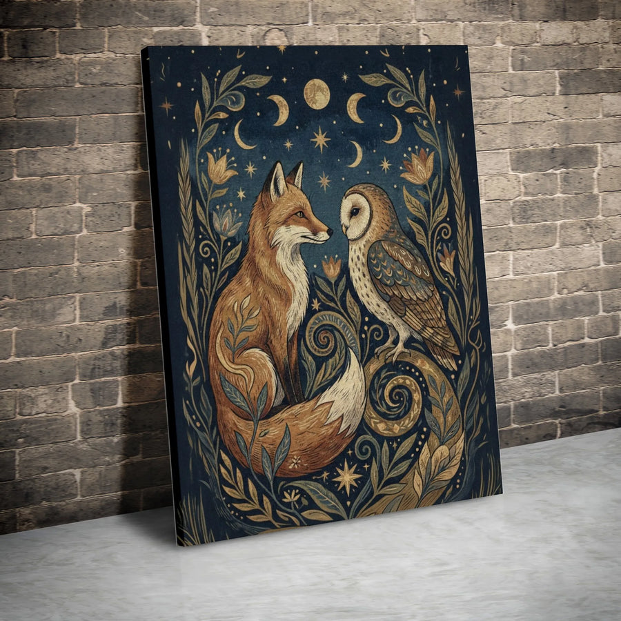 Celestial Fox and Owl Canvas Print | Vintage Woodland Animals Folk Art | Premium Gallery Wrapped Canvas | Mystical Cottagecore Home Decor Gift