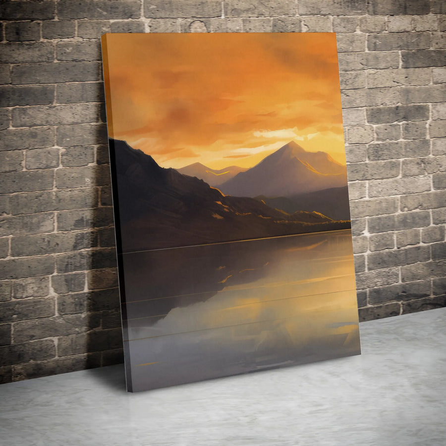 Abstract Mountain Landscape Vertical Canvas | Golden Sunset Lake Reflection | Premium Gallery Print | Modern Home Decor Gift