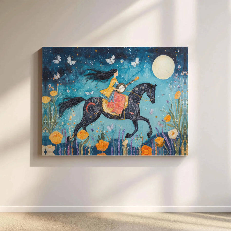 Whimsical Horse Canvas Wall Art | Moonlit Banjo Player Illustration | Premium Fade-Resistant Gallery Wrap | Magical Boho Home Decor Gift
