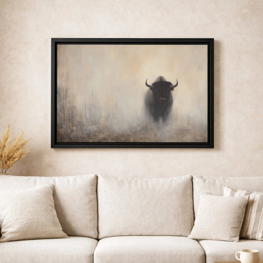 American Bison Canvas Wall Art | Moody Wildlife Fog Painting | Gallery-Wrapped Premium Print | Rustic Western Home Decor Gift