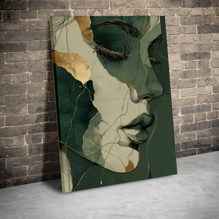 Abstract Woman Face Wall Art | Sage Green and Gold Line Drawing | Premium Gallery Wrapped Canvas | Elegant Minimalist Home Decor Gift