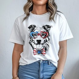 Patriotic Dog T-Shirt | Border Collie with USA Flag Glasses | Soft Cotton Blend Pullover | Unisex 4th of July Gift for Dog Lover