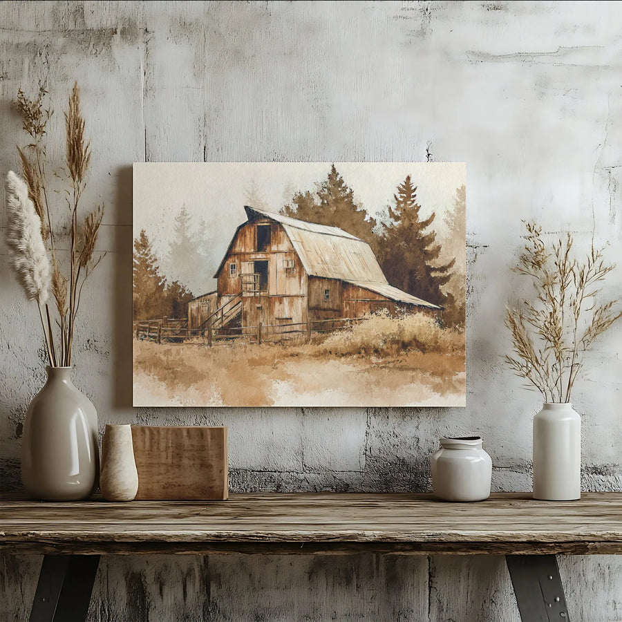 Rustic Farmhouse Barn Canvas Wall Art | Watercolor Pine Tree Landscape | Premium Gallery Wrapped Print | Country Home Decor Gift