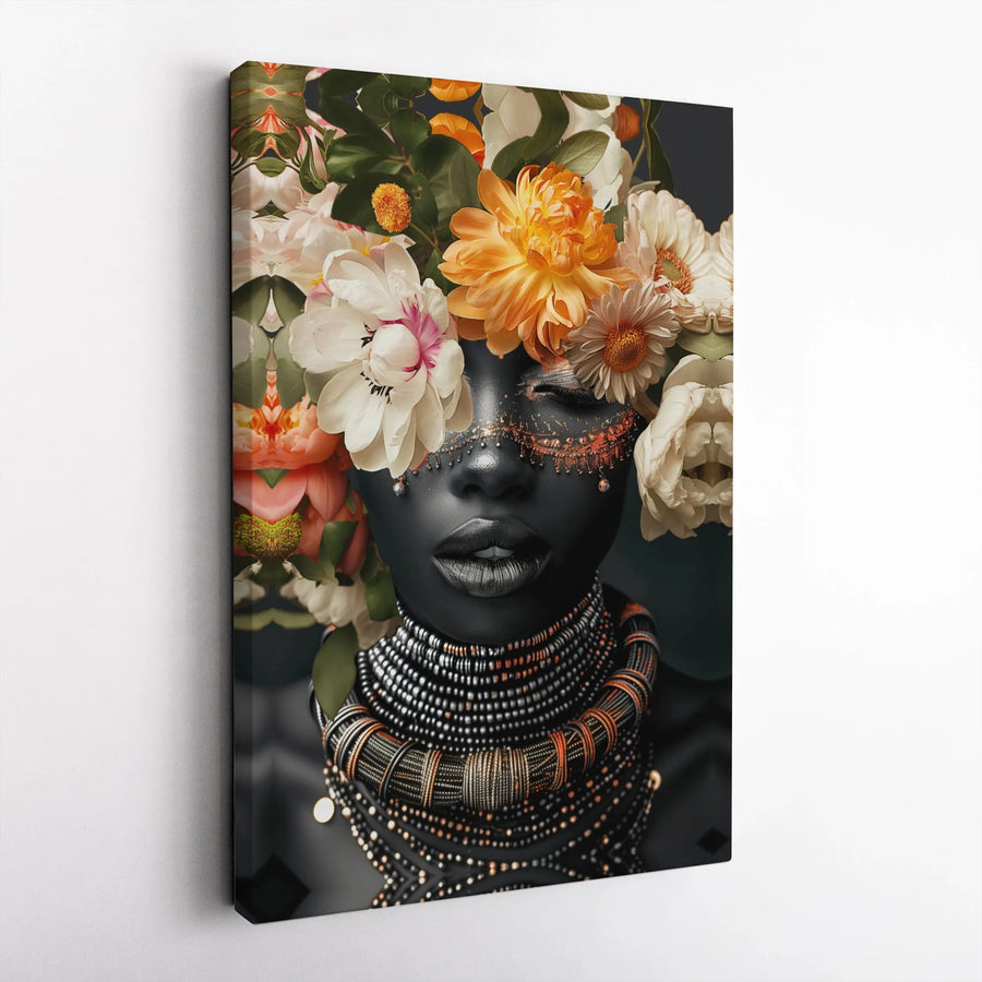 African Woman Portrait Wall Art | Floral Headdress & Beaded Jewelry Design | Premium Gallery-Wrapped Canvas | Elegant Home Decor Gift