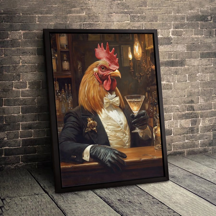 Rooster Wall Art | Sophisticated Tuxedo Chicken Drinking Martini | Premium Gallery Canvas | Quirky Bar Decor Gift for Him