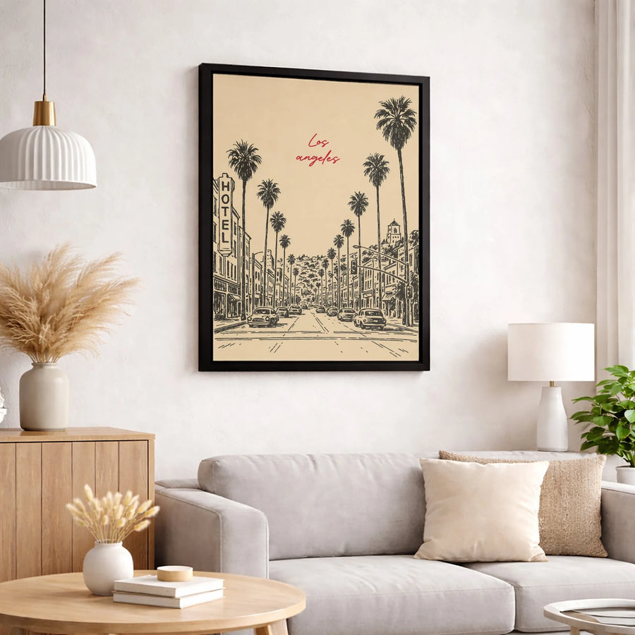 Los Angeles Wall Art | Vintage Sketch Palm Trees Street Scene | Premium Gallery Canvas | California Travel Decor Gift for Home or Office