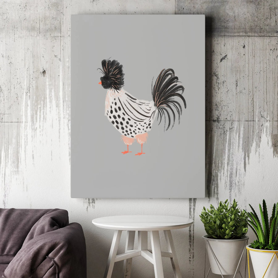 Polish Chicken Vertical Canvas | Minimalist Rooster Illustration | Premium Gallery Wrapped Print | Modern Farmhouse Kitchen Decor Gift