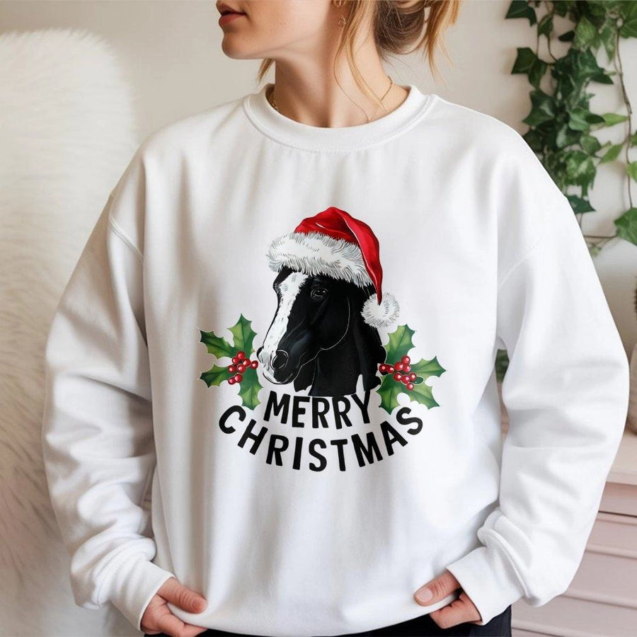Horse Christmas Sweatshirt | Santa Hat Equestrian Holiday Graphic | Soft Cotton Blend Unisex Pullover | Festive Animal Lover Gift for Adults