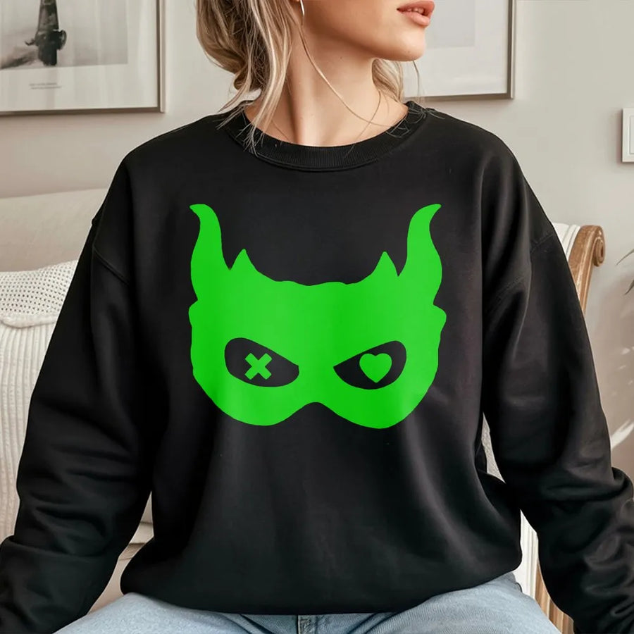 Devil Mask Graphic Sweatshirt | Heart and X Eyes Neon Print | Soft Cotton T-Shirt | Unique Unisex Streetwear Gift