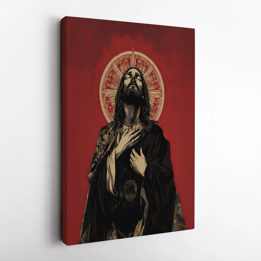Jesus Christ Canvas Wall Art | Red Gold Stylized Religious Portrait | 1.25-Inch Gallery Wrap Decor | Christian Home Prayer Room Gift