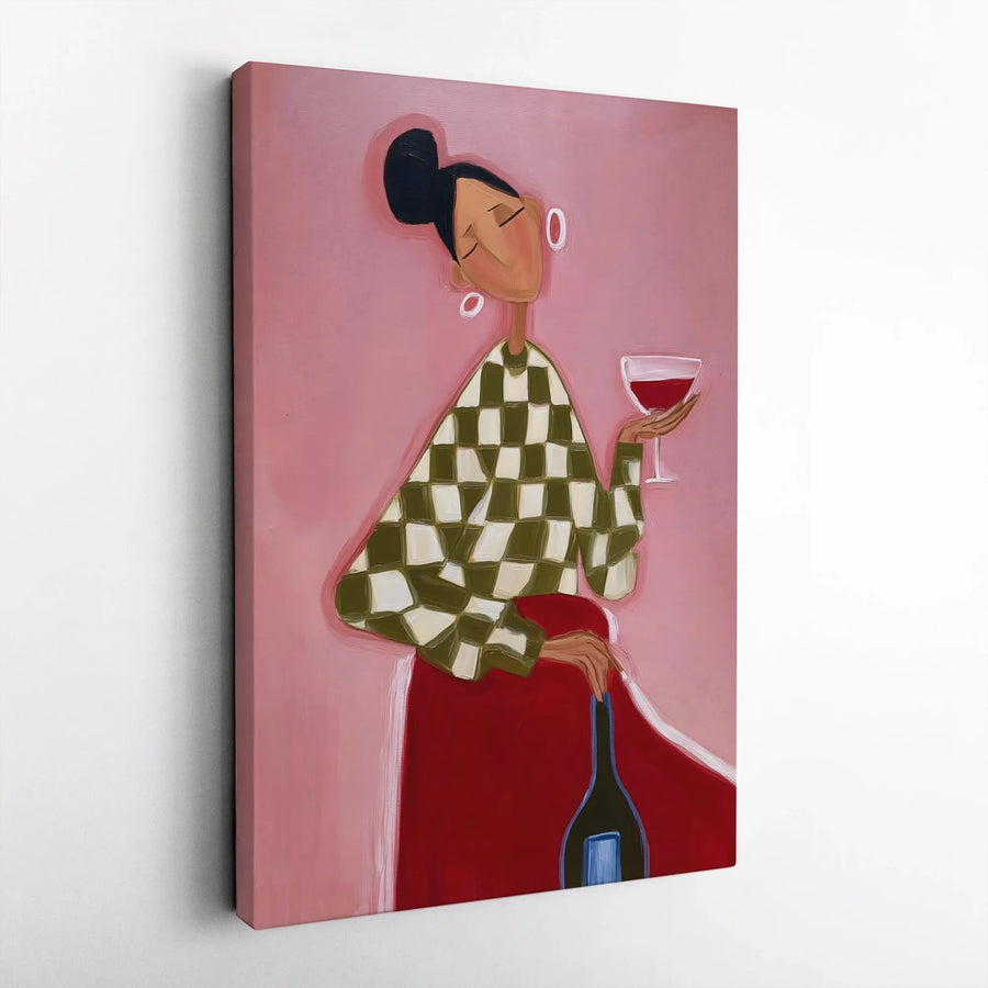 Chic Woman with Wine Vertical Canvas | Quirky Pink Aesthetic Female Illustration | Premium 1.25 Inch Gallery Wrap | Trendy Home Bar Decor, Gift for Wine Lovers
