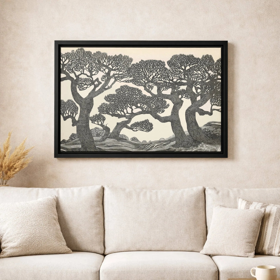 Gnarled Trees Wall Art | Black And White Woodcut Landscape | Premium Gallery Canvas | Modern Home Decor Gift