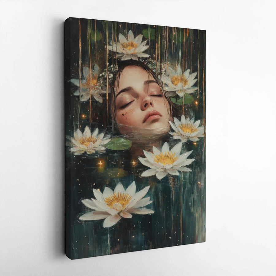 Serene Water Lily Canvas Wall Art | Mystical Woman Floating in Lotus Pond | Premium Gallery Print | Boho Bedroom Decor Gift for Her